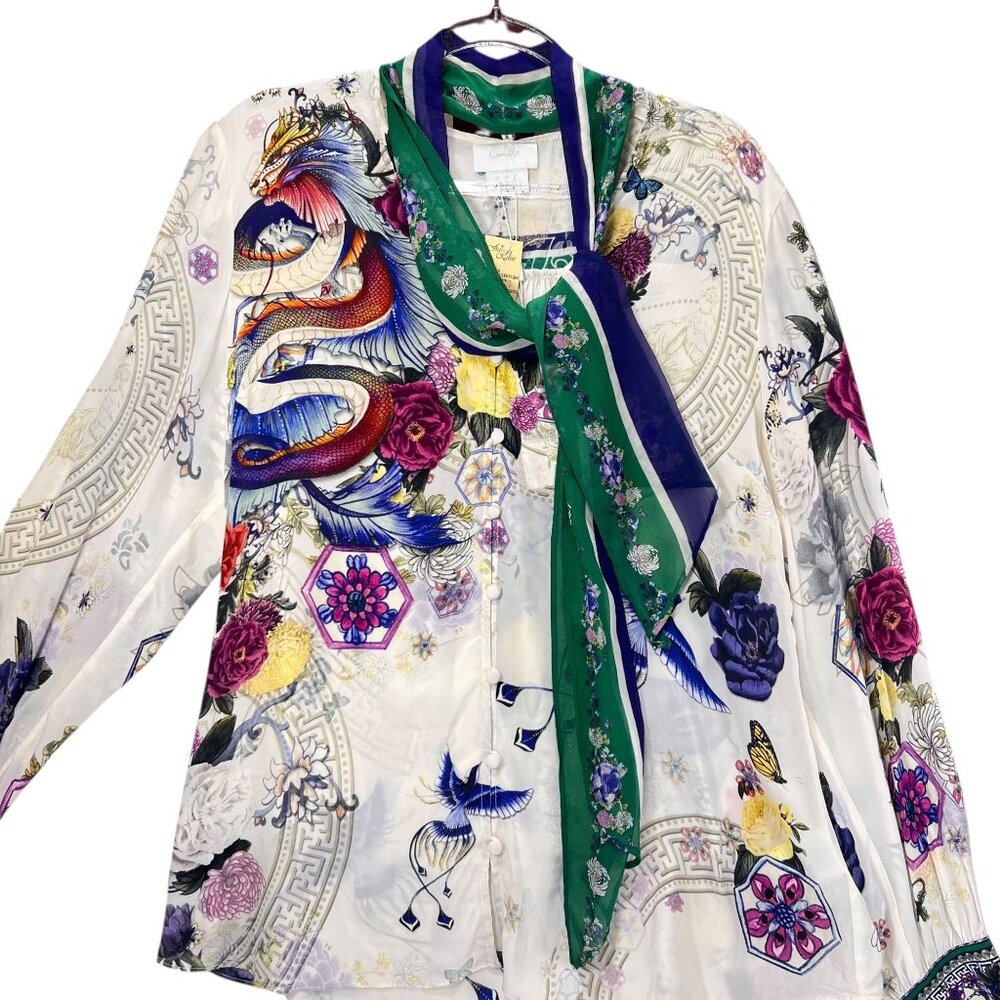 NWT Camilla Silk Blouse Med Gentle Moon Dragon Floral Embellished Detachable Tie